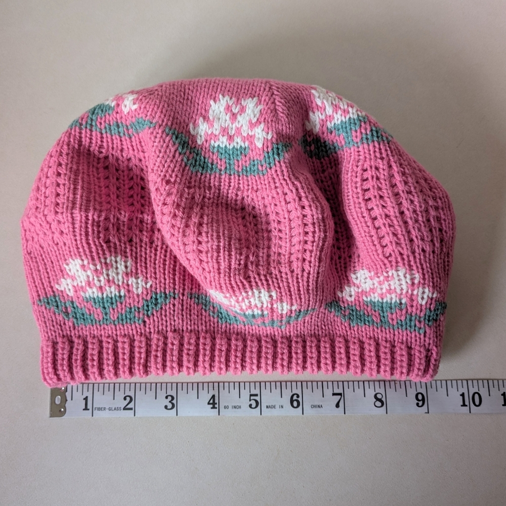 80s Vintage Knit Beret Fair Isle Winter Hat Pink White Flower Beanie Cap Tam - Picture 9 of 16